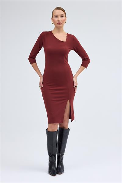 Apsen Kadın Kiremit Yırtmaçlı Turva kol Yaka Detaylı Midi Elbise 3769-100