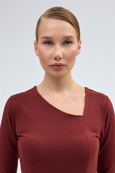 Apsen Kadın Kiremit Yırtmaçlı Turva kol Yaka Detaylı Midi Elbise 3769-100