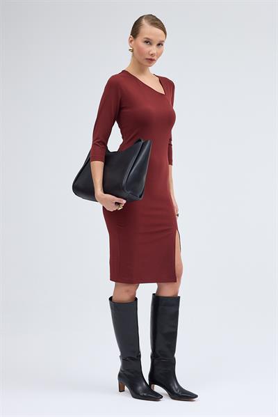Apsen Kadın Kiremit Yırtmaçlı Turva kol Yaka Detaylı Midi Elbise 3769-100