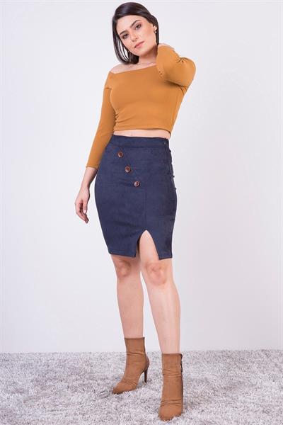 Apsen Kadın Lacivert Kısa Süet Düğme Detaylı Kışlık Etek 2115-45