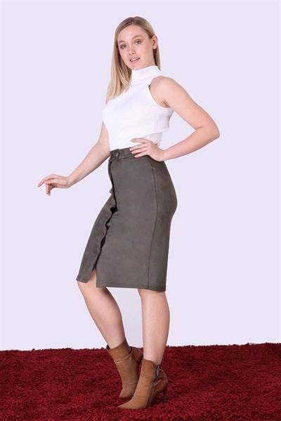 Apsen Kadın Haki Kışlık Düğme Detaylı Süet Midi Boy Etek 2163-45