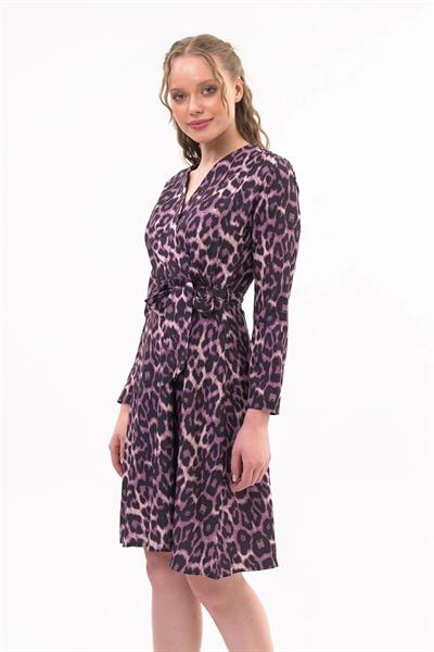 Apsen Kadın Mor Kruvaze Bağlama Detaylı Leopar Desenli Mevsimlik Midi Elbise 4358-100