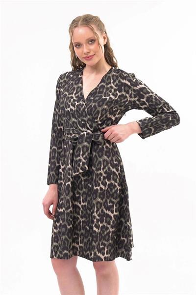 Apsen Kadın Haki Kruvaze Bağlama Detaylı Leopar Desenli Mevsimlik Midi Elbise 4358-100