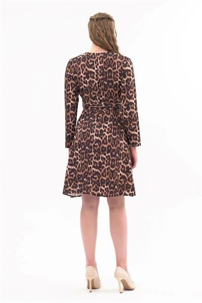 Apsen Kadın Taba Kruvaze Bağlama Detaylı Leopar Desenli Mevsimlik Midi Elbise 4358-100