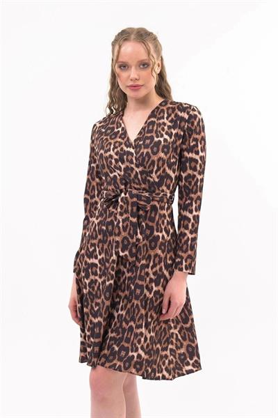 Apsen Kadın Taba Kruvaze Bağlama Detaylı Leopar Desenli Mevsimlik Midi Elbise 4358-100