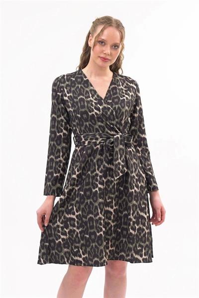 Apsen Kadın Haki Kruvaze Bağlama Detaylı Leopar Desenli Mevsimlik Midi Elbise 4358-100