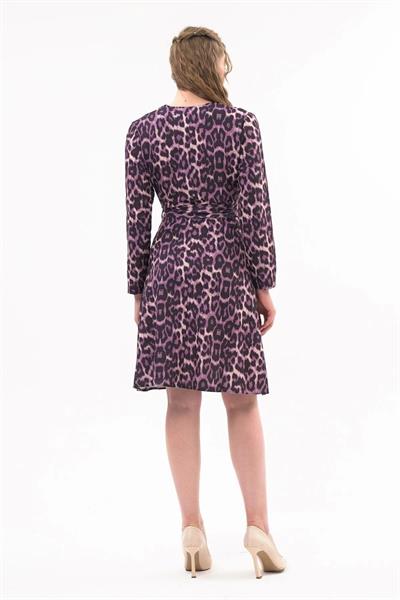 Apsen Kadın Mor Kruvaze Bağlama Detaylı Leopar Desenli Mevsimlik Midi Elbise 4358-100