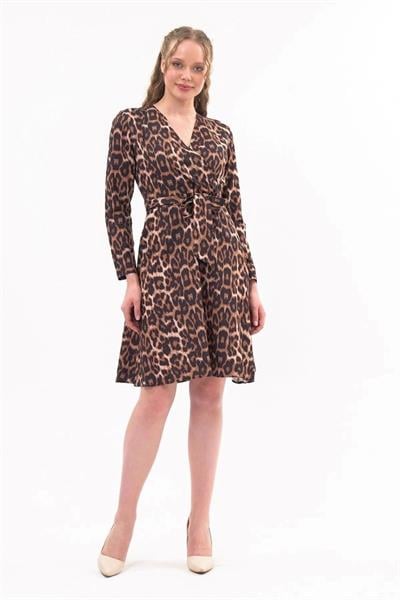 Apsen Kadın Taba Kruvaze Bağlama Detaylı Leopar Desenli Mevsimlik Midi Elbise 4358-100