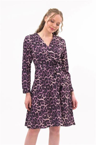 Apsen Kadın Mor Kruvaze Bağlama Detaylı Leopar Desenli Mevsimlik Midi Elbise 4358-100