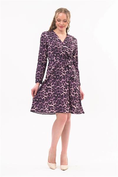 Apsen Kadın Mor Kruvaze Bağlama Detaylı Leopar Desenli Mevsimlik Midi Elbise 4358-100
