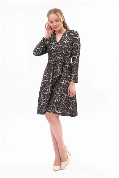 Apsen Kadın Haki Kruvaze Bağlama Detaylı Leopar Desenli Mevsimlik Midi Elbise 4358-100