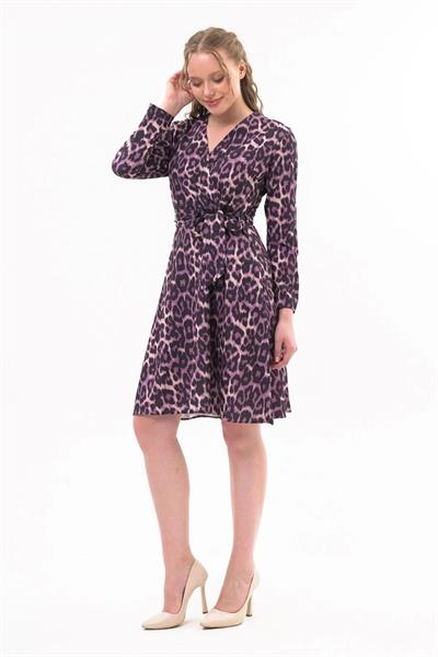 Apsen Kadın Mor Kruvaze Bağlama Detaylı Leopar Desenli Mevsimlik Midi Elbise 4358-100
