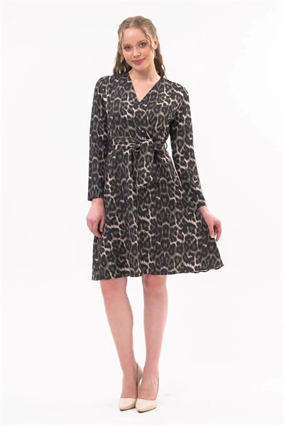 Apsen Kadın Haki Kruvaze Bağlama Detaylı Leopar Desenli Mevsimlik Midi Elbise 4358-100