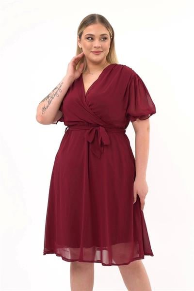 Kadın Kruvaze Yaka Kuşaklı Büyük Beden Midi Boy Şifon Elbise 4255/110