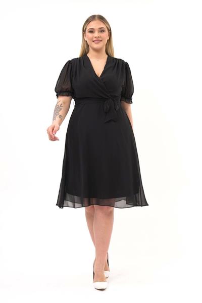 Apsen Kadın Kruvaze Yaka Kuşaklı Büyük Beden Midi Boy Şifon Elbise 4255-110  