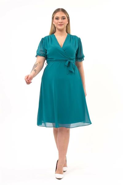 Kadın Kruvaze Yaka Kuşaklı Büyük Beden Midi Boy Şifon Elbise 4255/110