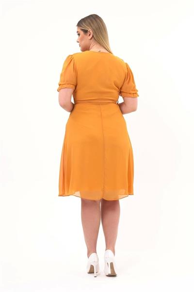 Kadın Kruvaze Yaka Kuşaklı Büyük Beden Midi Boy Şifon Elbise 4255/110