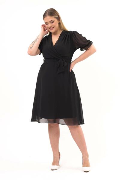 Apsen Kadın Kruvaze Yaka Kuşaklı Büyük Beden Midi Boy Şifon Elbise 4255-110  