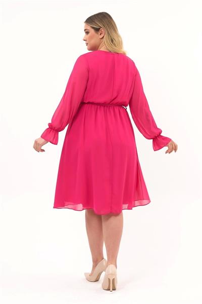 Kadın Kruvaze Yaka Kuşaklı Büyük Beden Uzun Kol Midi Boy Şifon Elbise 4450/110
