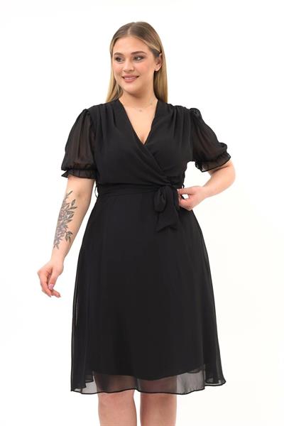 Apsen Kadın Kruvaze Yaka Kuşaklı Büyük Beden Midi Boy Şifon Elbise 4255-110  