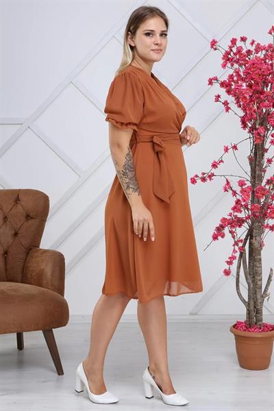 Apsen Kadın Kruvaze Yaka Kuşaklı Büyük Beden Midi Boy Şifon Elbise 4255-110  