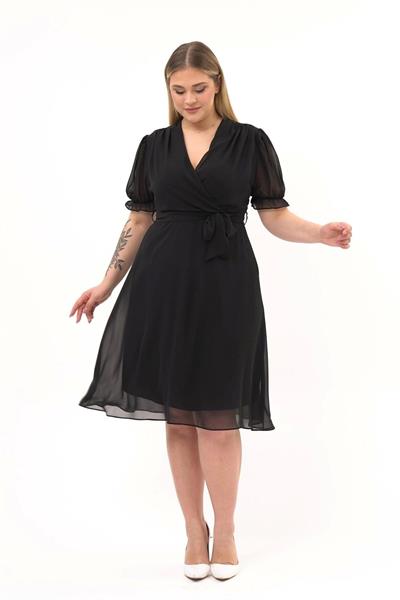 Apsen Kadın Kruvaze Yaka Kuşaklı Büyük Beden Midi Boy Şifon Elbise 4255-110  