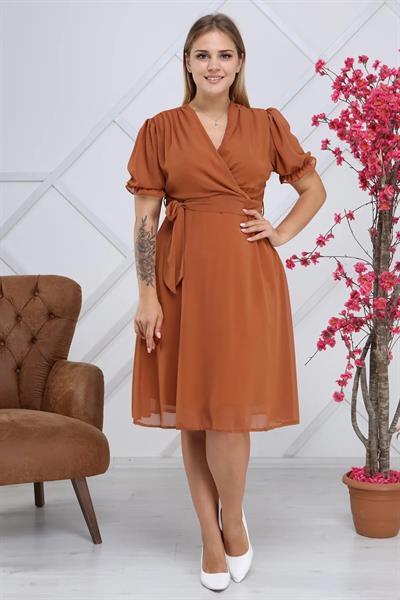 Apsen Kadın Kruvaze Yaka Kuşaklı Büyük Beden Midi Boy Şifon Elbise 4255-110  