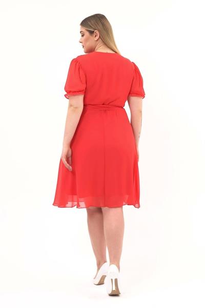 Kadın Kruvaze Yaka Kuşaklı Büyük Beden Midi Boy Şifon Elbise 4255/110