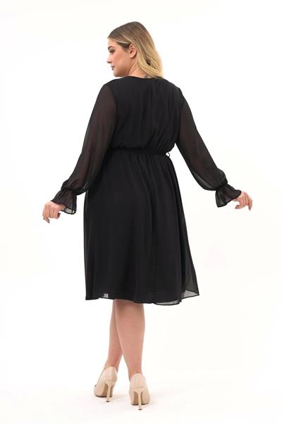 Kadın Kruvaze Yaka Kuşaklı Büyük Beden Uzun Kol Midi Boy Şifon Elbise 4450/110