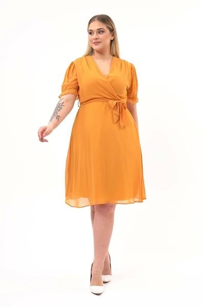 Kadın Kruvaze Yaka Kuşaklı Büyük Beden Midi Boy Şifon Elbise 4255/110