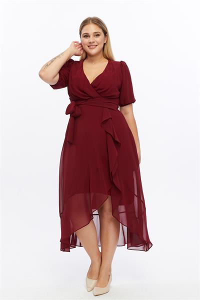 Kadın Kruvaze Yaka Kuşaklı Volan Detaylı Büyük Beden Bordo Şifon Elbise 4495/130