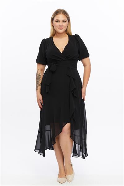 Kadın Kruvaze Yaka Kuşaklı Volan Detaylı Büyük Beden Siyah Şifon Elbise 4495/130