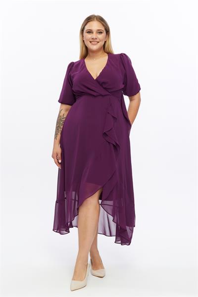 Kadın Kruvaze Yaka Kuşaklı Volan Detaylı Büyük Beden Mor Şifon Elbise 4495/130