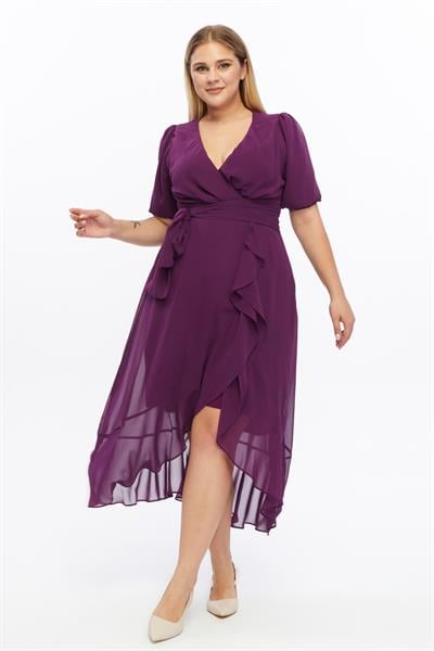 Kadın Kruvaze Yaka Kuşaklı Volan Detaylı Büyük Beden Mor Şifon Elbise 4495/130