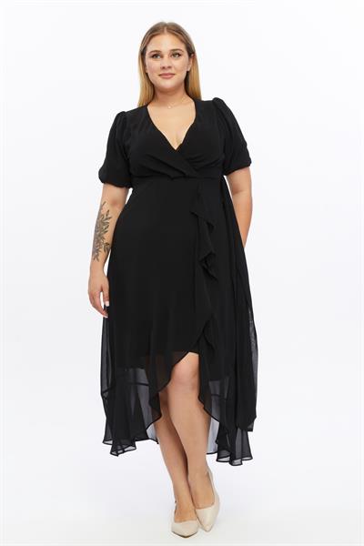 Kadın Kruvaze Yaka Kuşaklı Volan Detaylı Büyük Beden Siyah Şifon Elbise 4495/130