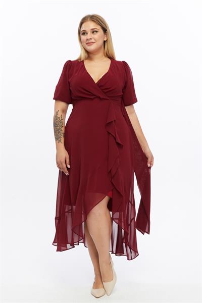 Kadın Kruvaze Yaka Kuşaklı Volan Detaylı Büyük Beden Bordo Şifon Elbise 4495/130