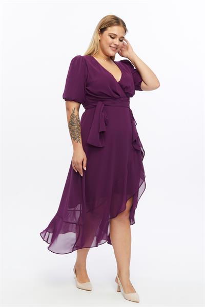 Kadın Kruvaze Yaka Kuşaklı Volan Detaylı Büyük Beden Mor Şifon Elbise 4495/130