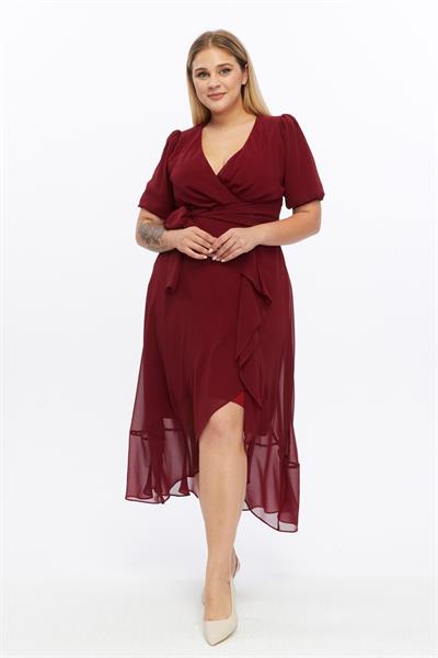 Kadın Kruvaze Yaka Kuşaklı Volan Detaylı Büyük Beden Bordo Şifon Elbise 4495/130