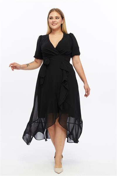 Kadın Kruvaze Yaka Kuşaklı Volan Detaylı Büyük Beden Siyah Şifon Elbise 4495/130