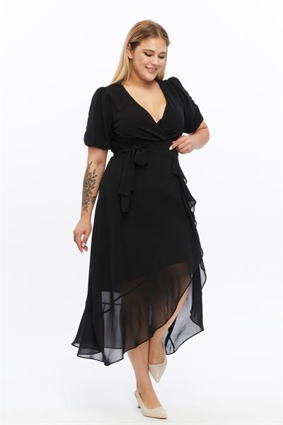 Kadın Kruvaze Yaka Kuşaklı Volan Detaylı Büyük Beden Siyah Şifon Elbise 4495/130