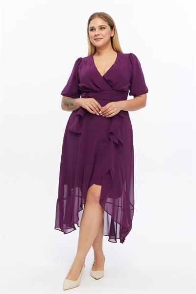 Kadın Kruvaze Yaka Kuşaklı Volan Detaylı Büyük Beden Mor Şifon Elbise 4495/130