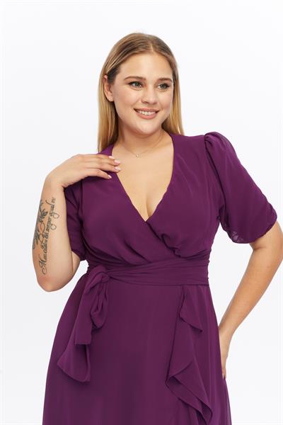 Kadın Kruvaze Yaka Kuşaklı Volan Detaylı Büyük Beden Mor Şifon Elbise 4495/130