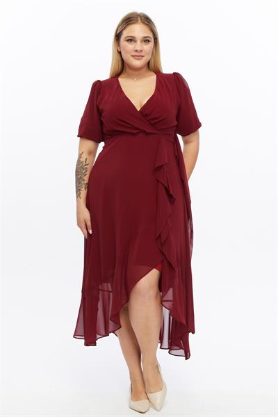 Kadın Kruvaze Yaka Kuşaklı Volan Detaylı Büyük Beden Bordo Şifon Elbise 4495/130