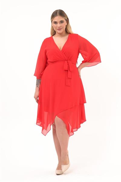 Kadın Kruvaze Yaka Uzun Kol Detaylı Midi Boy Şifon elbise 4465/120