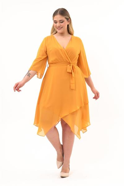 Kadın Kruvaze Yaka Uzun Kol Detaylı Midi Boy Şifon elbise 4465/120