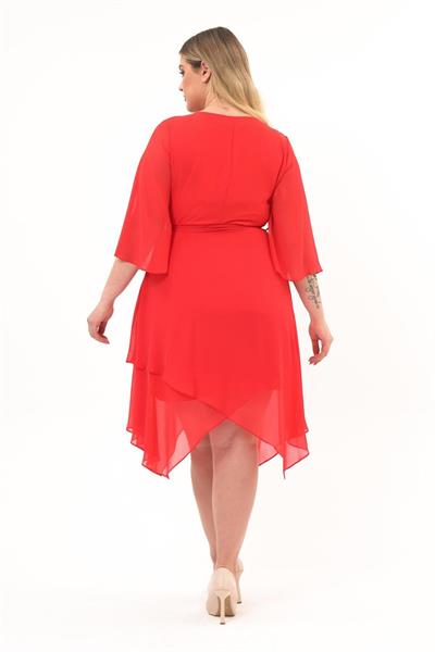 Kadın Kruvaze Yaka Uzun Kol Detaylı Midi Boy Şifon elbise 4465/120