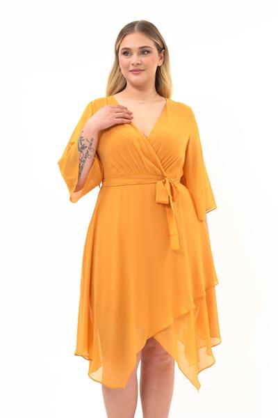 Kadın Kruvaze Yaka Uzun Kol Detaylı Midi Boy Şifon elbise 4465/120