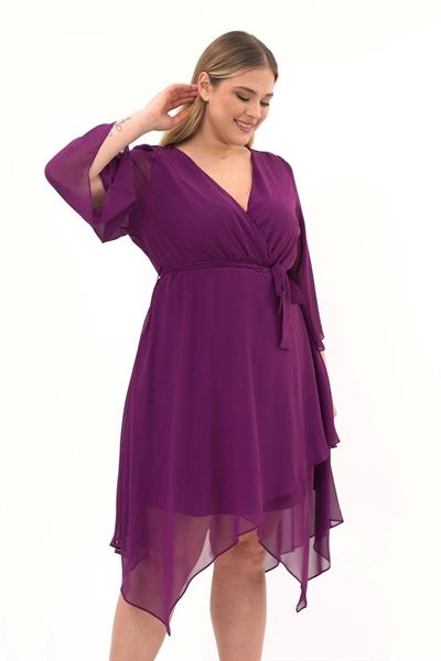 Kadın Kruvaze Yaka Uzun Kol Detaylı Midi Boy Şifon elbise 4465/120