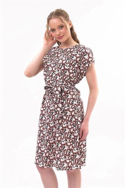 Kadın Kuşaklı Bisiklet Yaka Düşük Omuz Detaylı Midi Elbise 4443/105