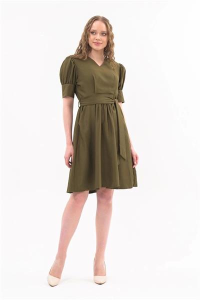 Kadın Kuşaklı Cep Detaylı Kolu Kısa Midi Boy Elbise 4379 /95